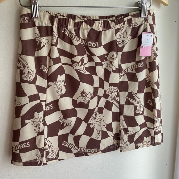 Looney Tunes Y2K Warner Bros. Brown Cream Mini Skirt Casual Quirky Tweety Size M - Picture 2 of 6